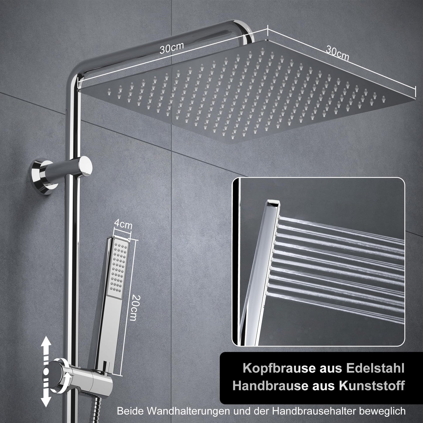 Görbach rain shower shower set shower system with shelf, chrome shower rod set shower column set made of stainless steel without shower faucet (head shower 30x30cm)