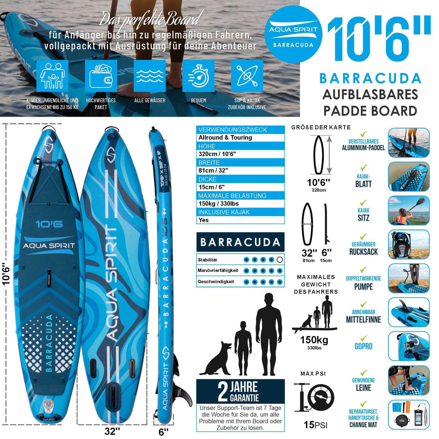 Aqua Spirit SUP Inflatable Stand-Up Paddle Board 2024 | 320x81x15cm | Complete Kayak Conversion Kit with Paddle, Backpack, Pump, and more accessories | Adult Beginners/Experts | 2-year warranty