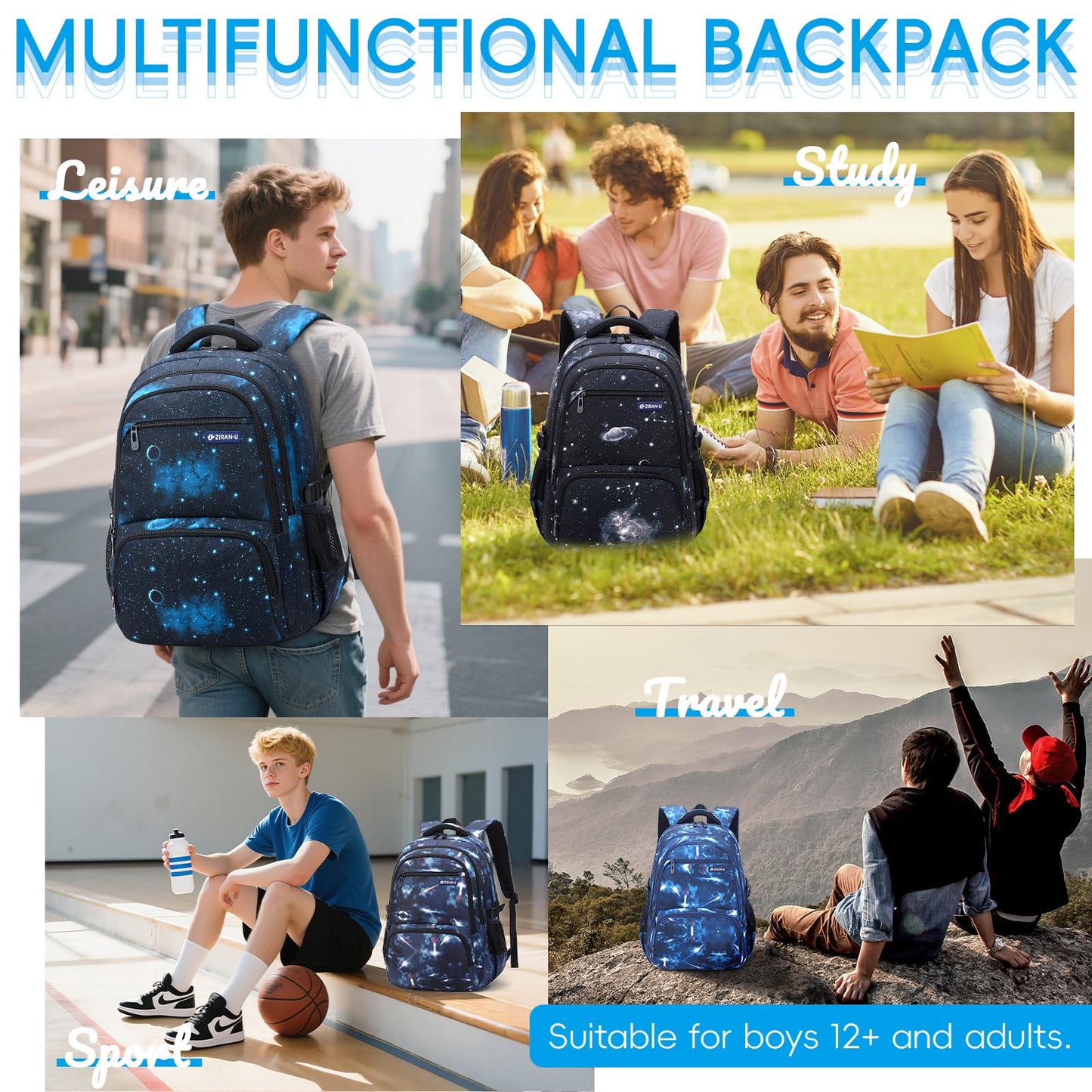 Amythe School Backpack for Boys, School Bag with Trolley Straps 16 Inch Waterproof Daypack Large Nylon Casual Children's Backpack for 3-9th Grade for School and Travel