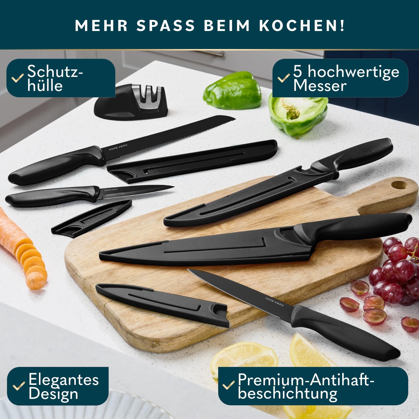Home Hero Knife Set with Knife Sharpener - Sharp Kitchen Knife Set - Knife Block Chef Knife Set Stainless Steel Knife Set (11 Pieces with Sheath - Black)
