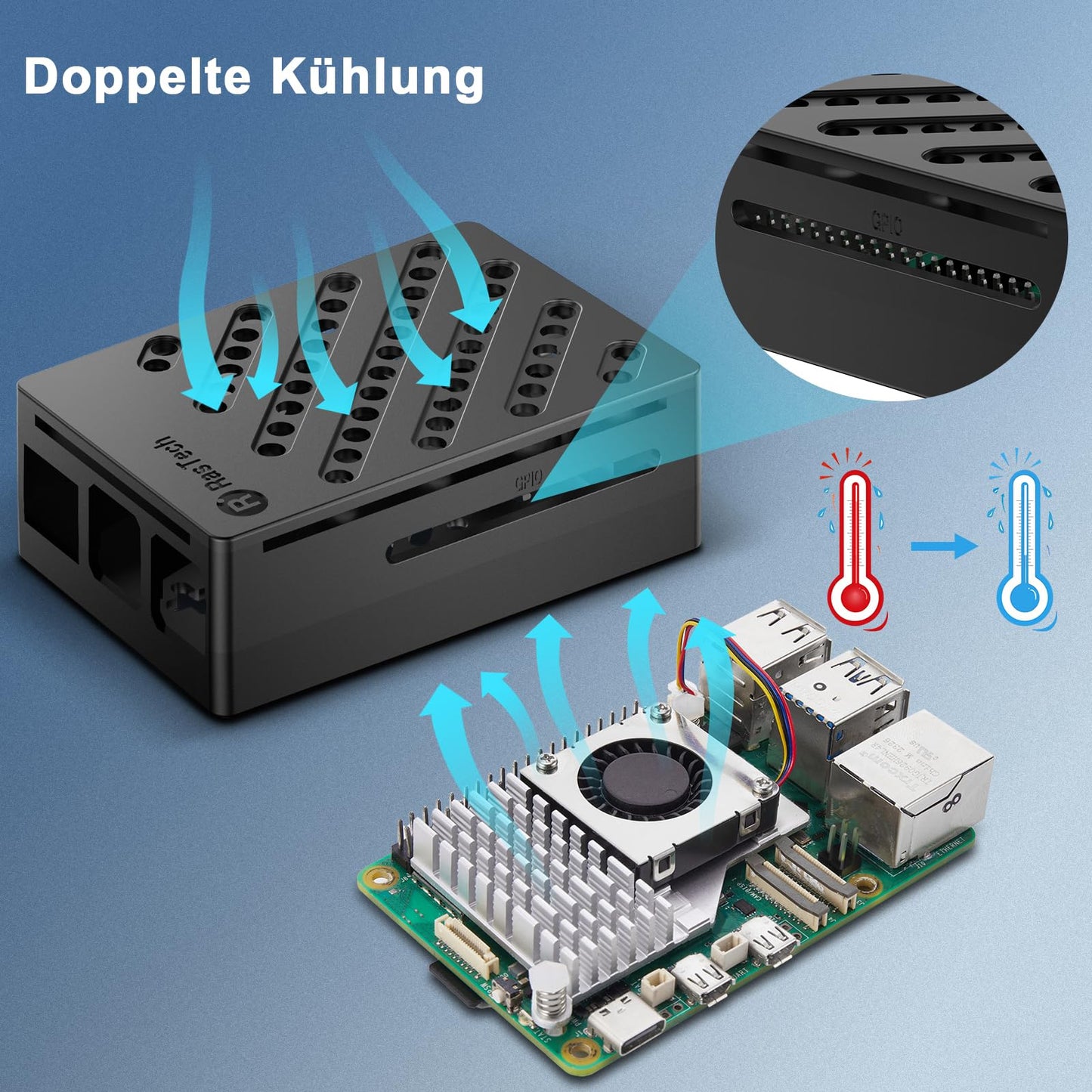 RasTech Raspberry Pi 5 8GB Kit 64GB Edition with Active Cooler, 27W 5.1V5A USB-C power supply, Pi5 8GB board, 64GB card reader kit, Pi 5 case, dual 4K micro HDMI cable, and user manual.