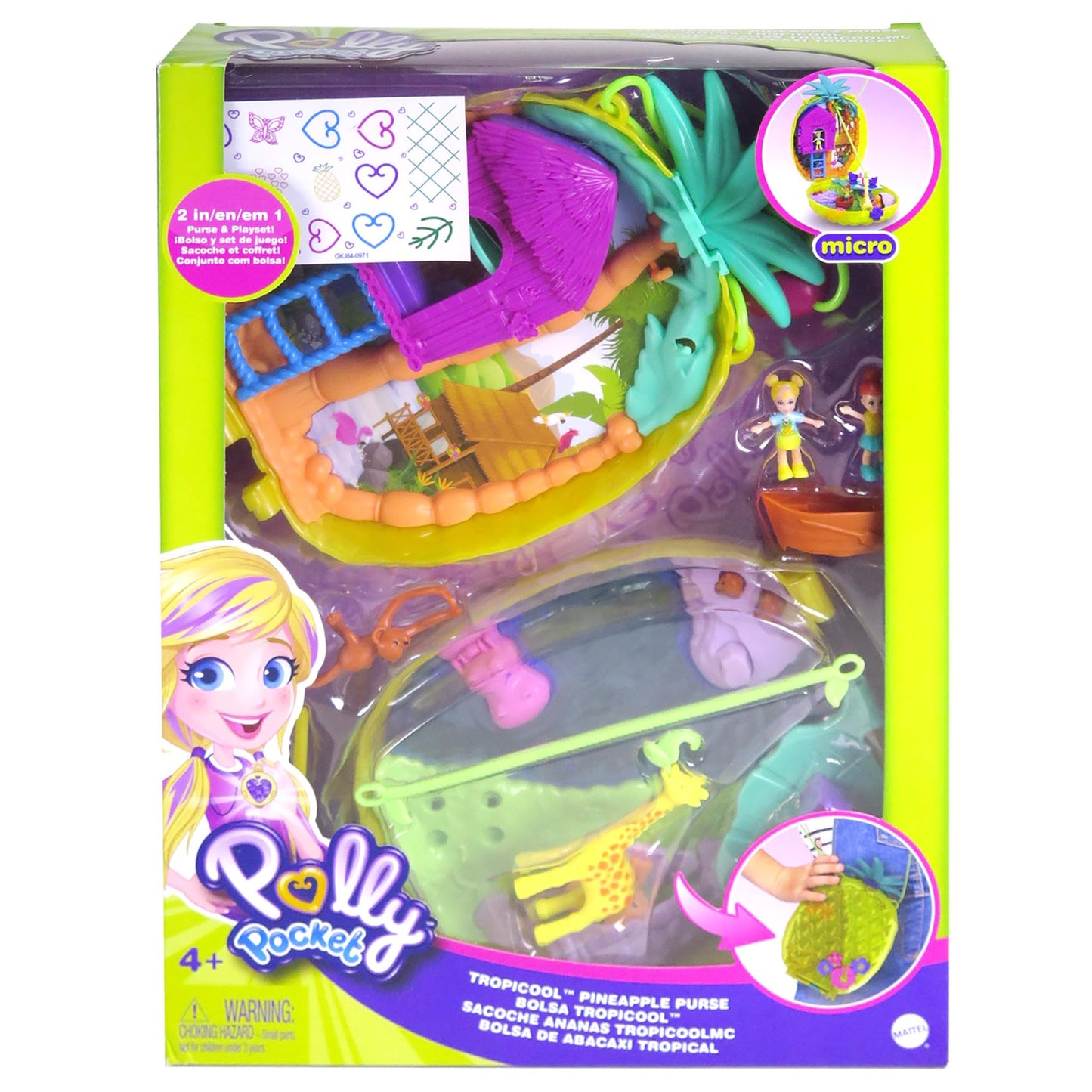 Polly Pocket GKJ64 - Pineapple Pocket Compact, portable, with 8 fun features, small dolls Polly and Lila, 2 accessories, and sticker sheet; Toy for kids 4 years and up.