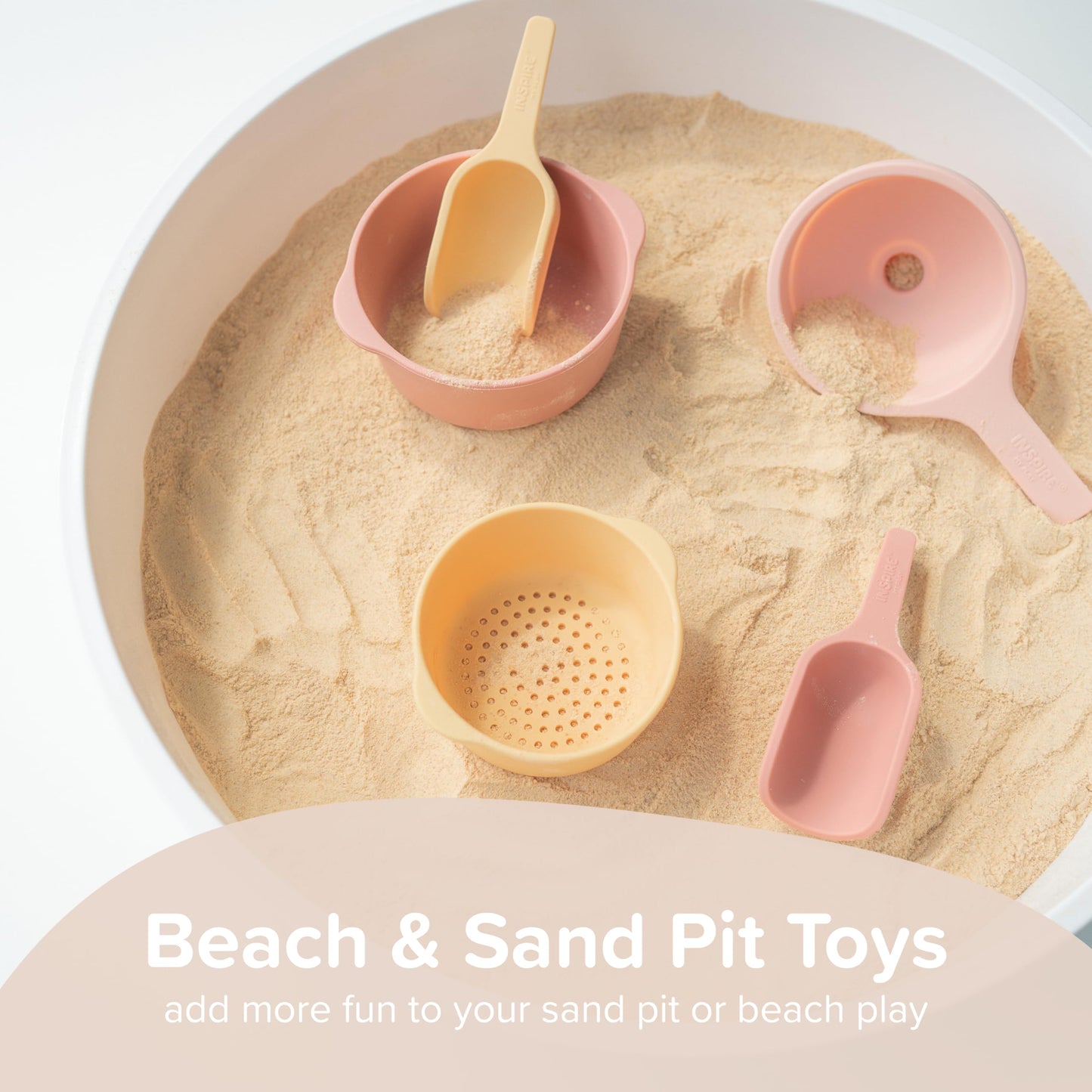 Inspire My Play - 3 x Nature Stackable Silicone Bowls and Sieve - Perfect accessory for Sensory Play Tray - Accessories for Tuff Tray - Toys for Early Development & Activity Play.