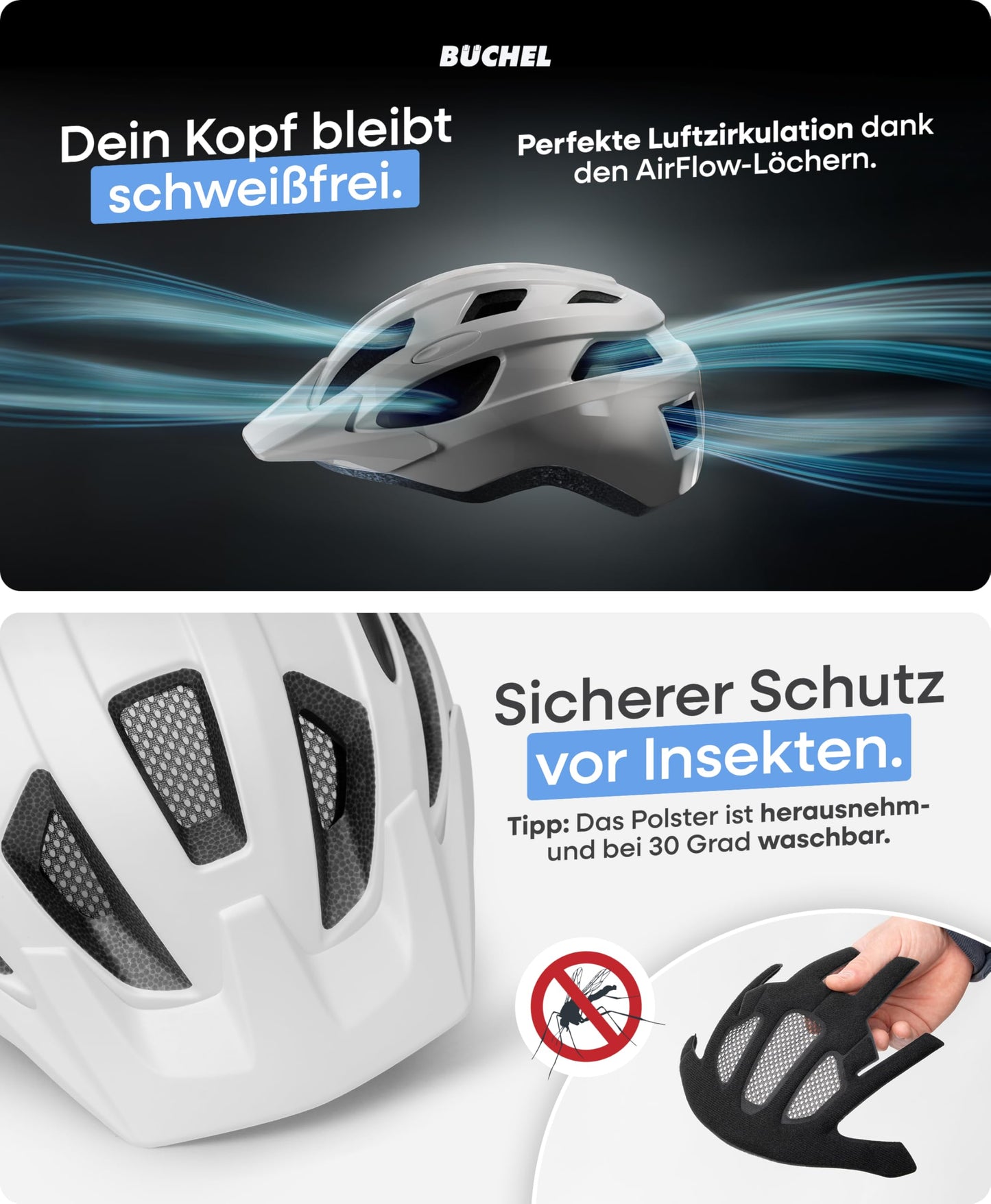 BÜCHEL Bike Helmet with In-Mold Technology - for kids & adults - Cam Lock, chin padding & fly net - Sizes M 52-57 cm & L 58-61 cm - Black, White, Grey (White Matte, L, 58-61cm)