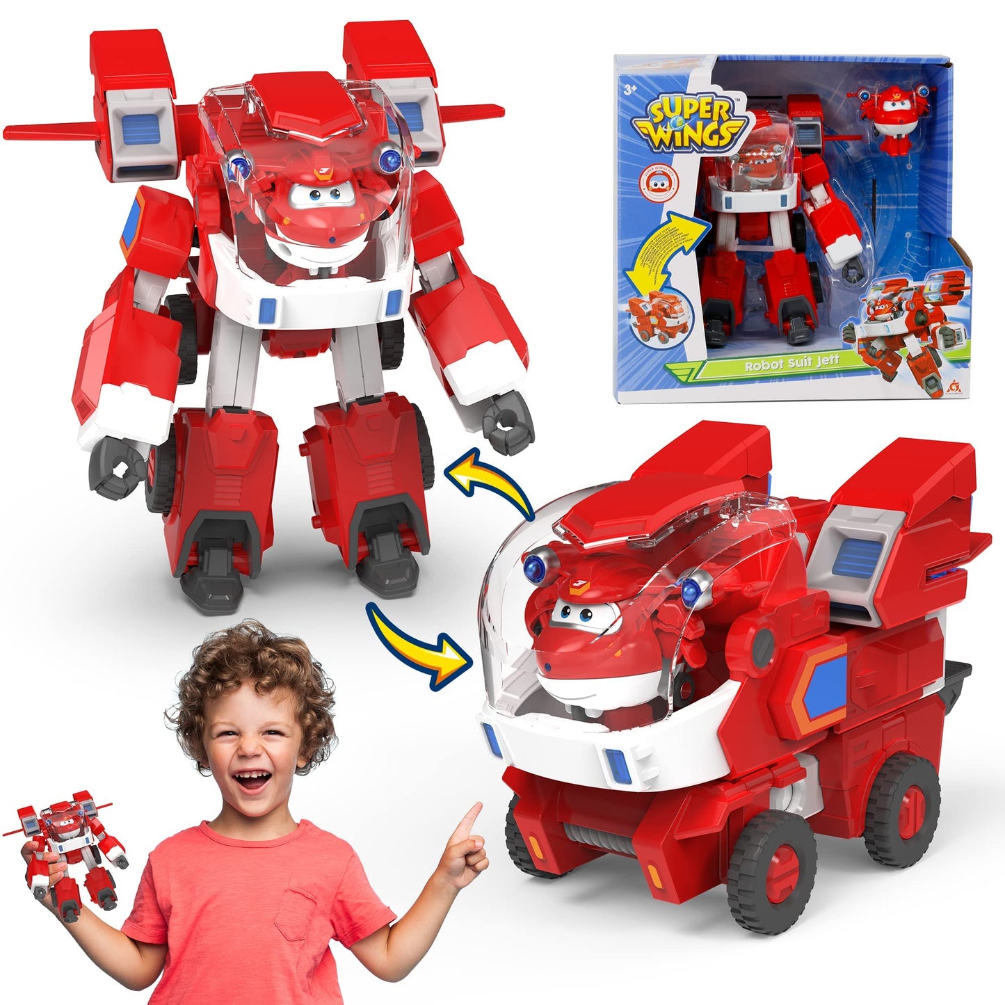 Super Wings EU750321 Robot Suit with Mini Jett Transforming Figure Plane Vehicle Playset Toys for 3+ Years Old Boys Girls, Red, 7'