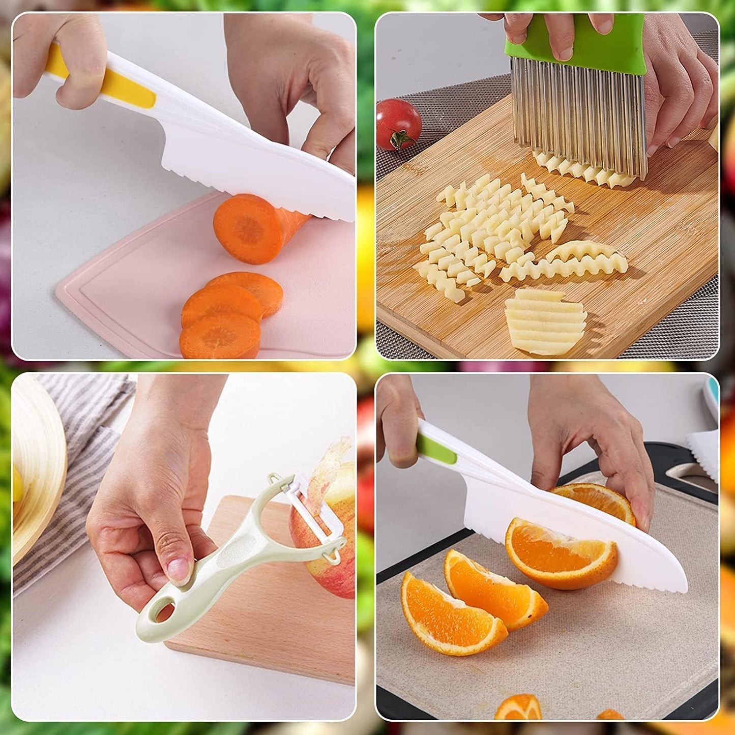 Leking 8-Pcs Wooden Children's Kitchen Knife, Plastic Children's Knife Set includes Wooden Child Safe Knife, Serrated Edge Plastic Knife, Potato Cutter, Sandwich Cutter, Y Peeler, Cutting Board