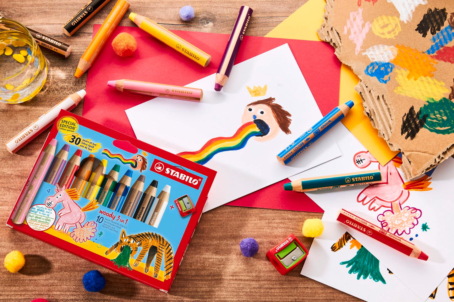 STABILO - Colored pencil, watercolor & wax crayon - woody 3 in 1 - Birthday Edition - 10 pack with sharpener - 10 colors