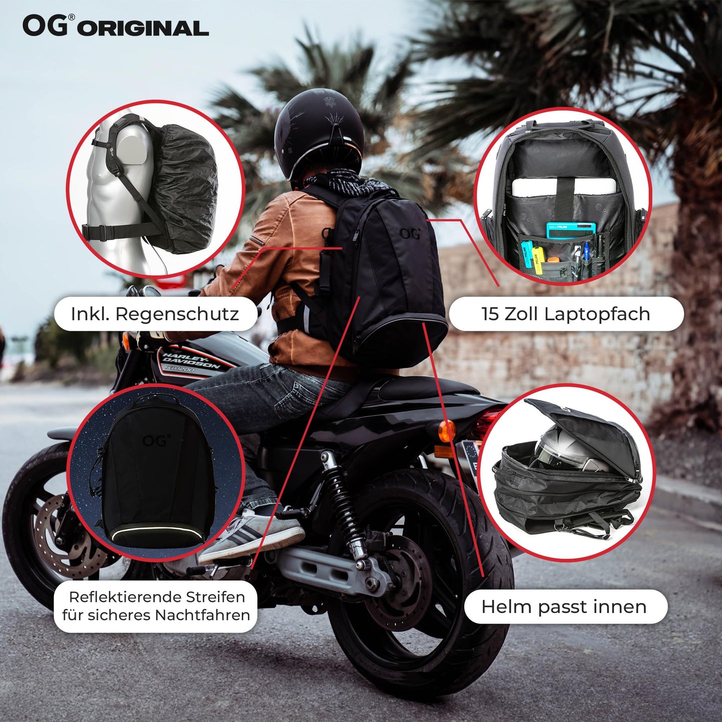 OG Original EZ-RiderPRO Motorcycle Backpack Black Expandable 28-35L, Motorcycle Helmet Bag, Helmet Carrying Strap, Waterproof, Laptop Compartment, Reflective, Black Logo