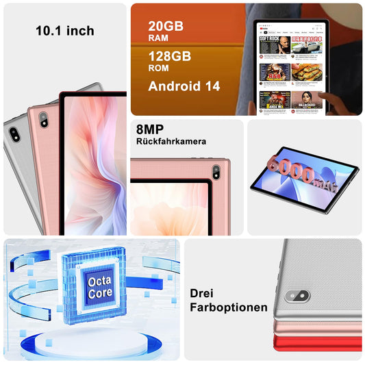 10-inch Android 14 Ultra-Fast Tablet with Widevine L1, 5G WiFi 6, Octa-Core, 20GB RAM + 128GB ROM (TF 1TB), FHD IPS, Dual Camera, Bluetooth 5.0, 2025 Latest Tablet with Keyboard and Mouse, Rose