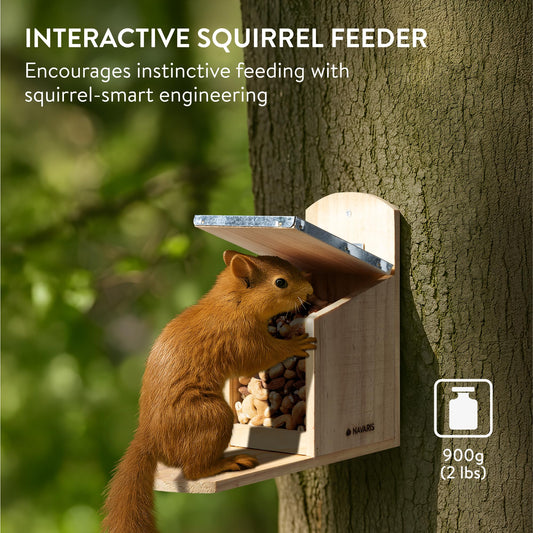 Navaris squirrel feeding house made of weatherproof wood and metal - feeding box feeder for garden balcony - feeding station with splash protection.