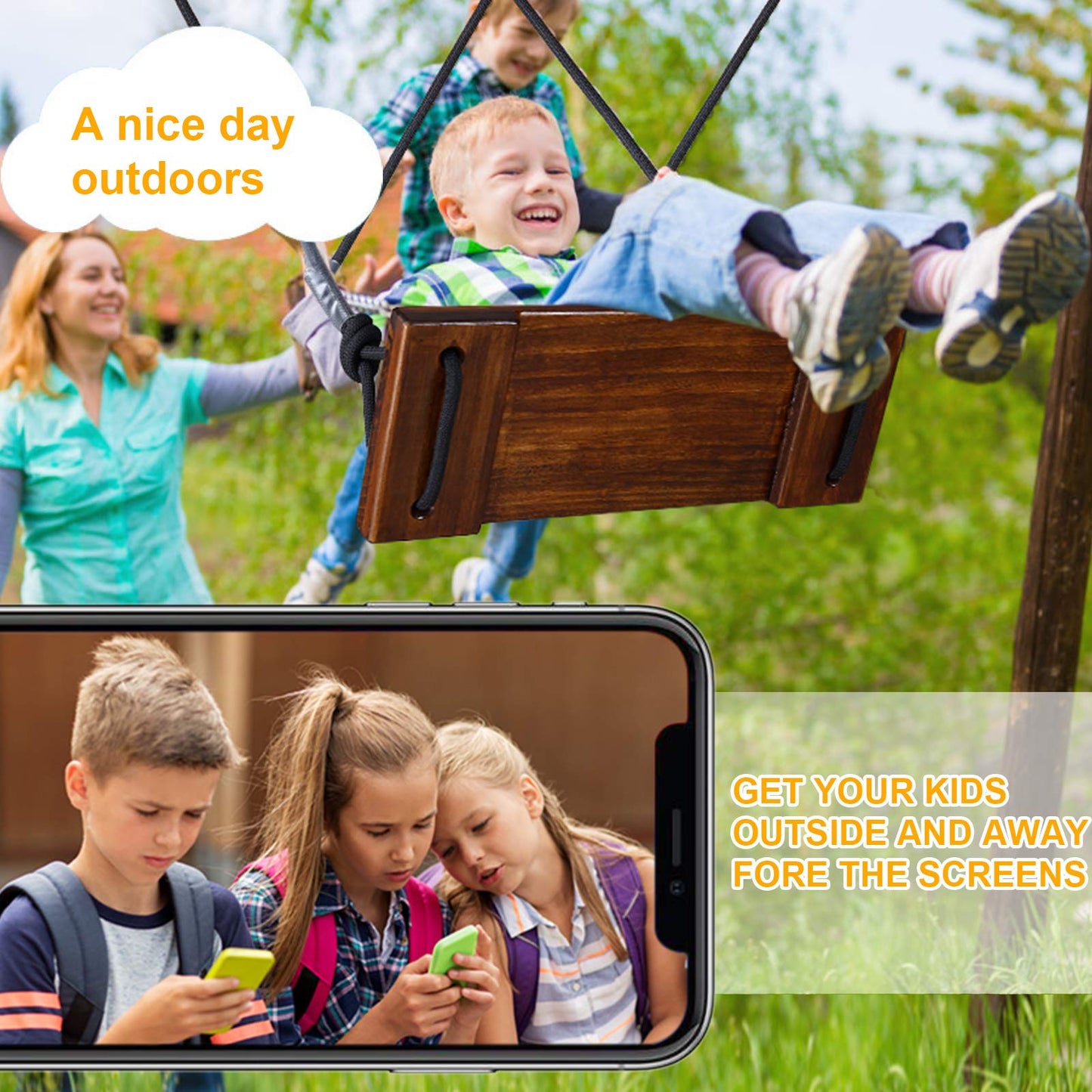 PELLOR Wooden Swing Seat Adult Swing Kids Swing Garden Board Swing for Indoor Outdoor Games with Adjustable Height Rope Loadable up to 200KG (Brown)