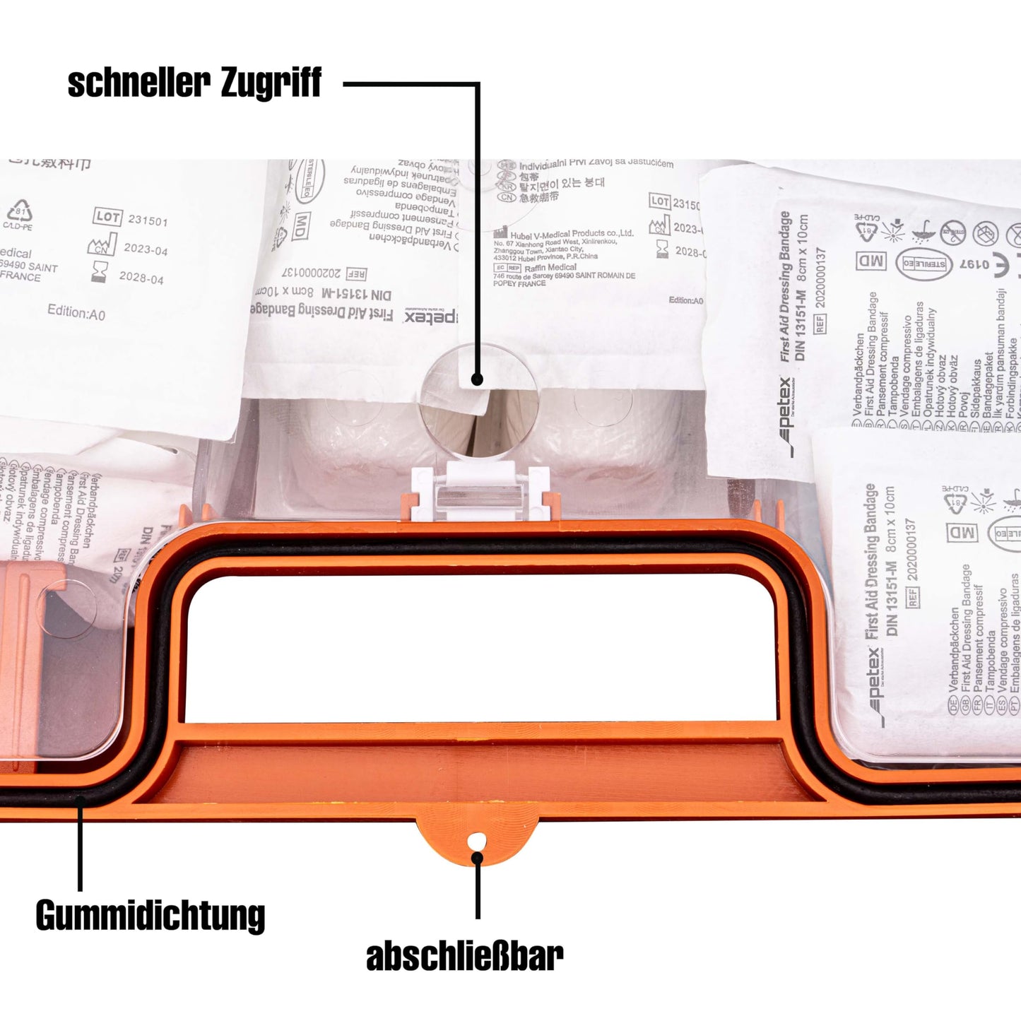 PETEX professional operating association case with content according to the new DIN 13169 including practical wall mount, 5 stickers, first aid kit, orange first aid kit for company, office, construction sites