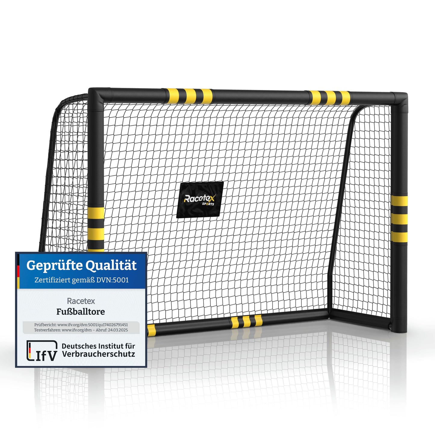 Racetex soccer goals for garden, kids, and adults with anti-rust coating. Includes ground anchors for optimal stability and padding all around (180cm x 120cm).