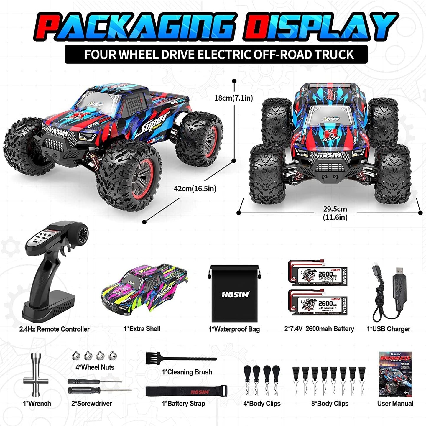 Hosim RC Car, 1:10 Brushless Remote Control Car 68+ km/h, RC Drift Car 4WD with 2 Batteries, Offroad Electronic Toy for Kids and Adults (X08)