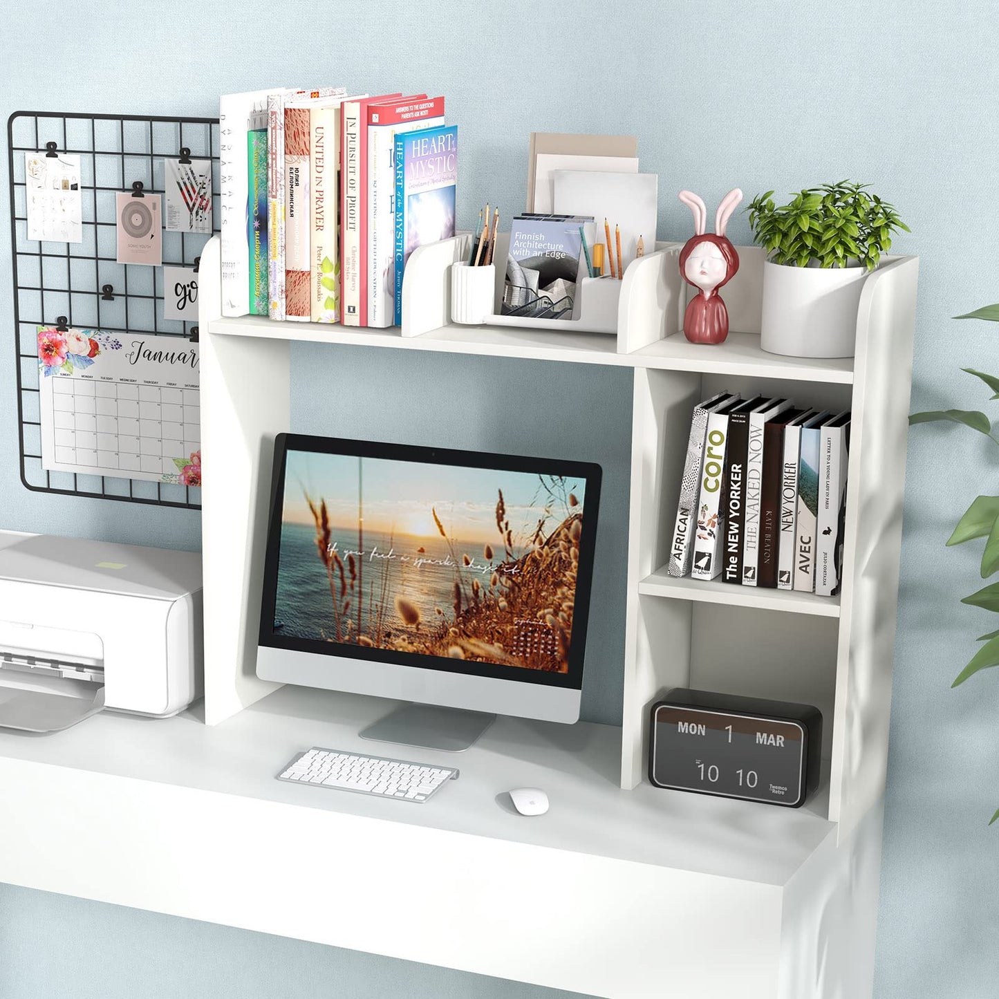COSTWAY Desk Shelf, Table Shelf with 4 Shelves and Open Compartment, Storage System, Multi-Purpose Desk Organizer for Desk, 94 x 25 x 74 cm (White)