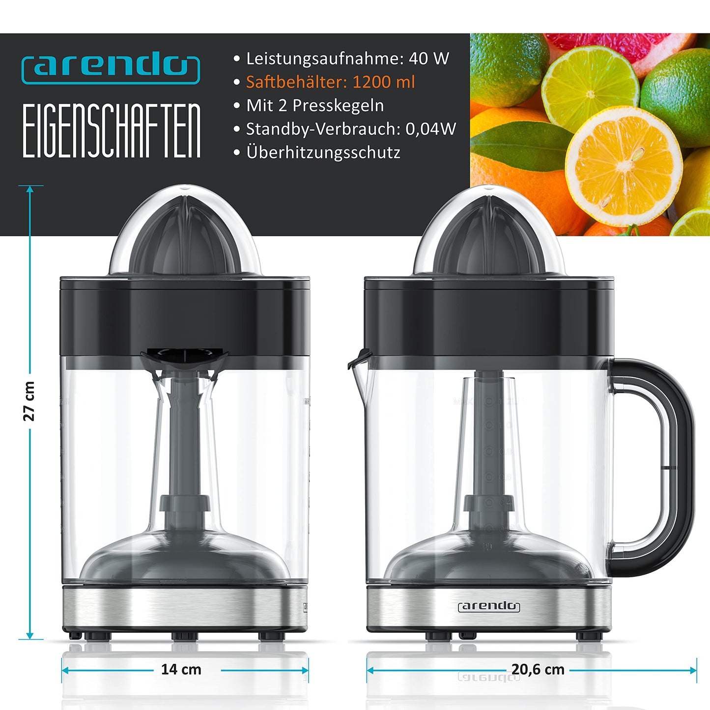 Arendo - Stainless Steel Electric Citrus Juicer - Lemon Juicer Orange Juicer Lime Juicer Juicer - 1.2 liter fruit juice container - Press cone with two rotation directions - BPA free