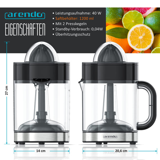 Arendo - Stainless Steel Electric Citrus Juicer - Lemon Juicer Orange Juicer Lime Juicer Juicer - 1.2 liter fruit juice container - Press cone with two rotation directions - BPA free