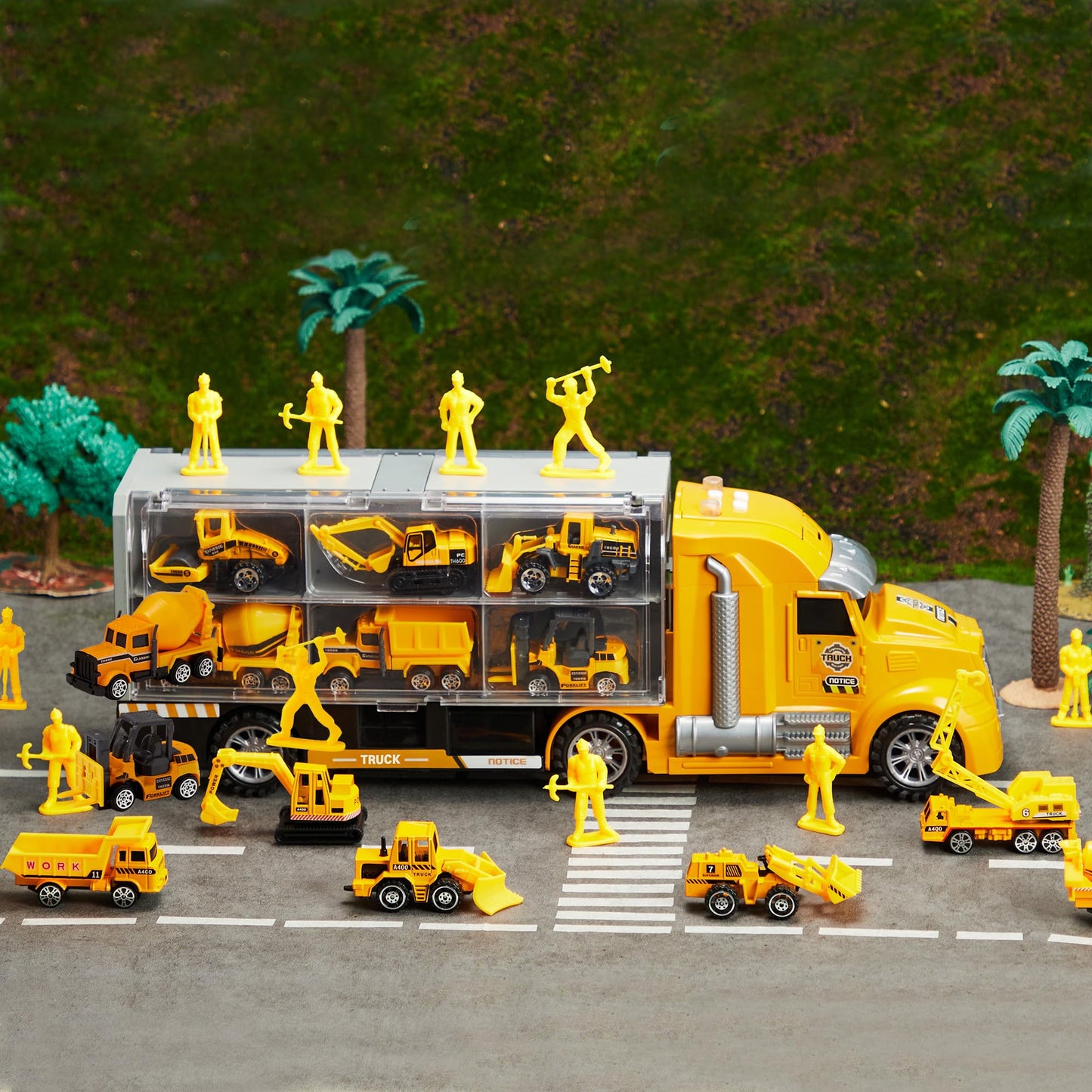 JOYIN 25-in-1 Die-cast Construction Vehicle Toy Set (including transport truck, excavator, dump truck, tractor) with sounds and lights in the transporter, kids gifts for boys aged 3 and up.