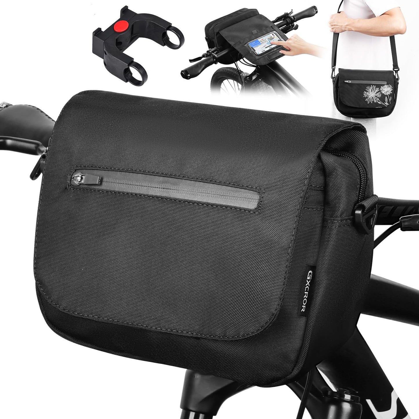 GXCROR handlebar bag for bikes 5L with adapter, phone holder, shoulder strap, quick release, water-resistant handlebar bag for urban commuters, traveling.