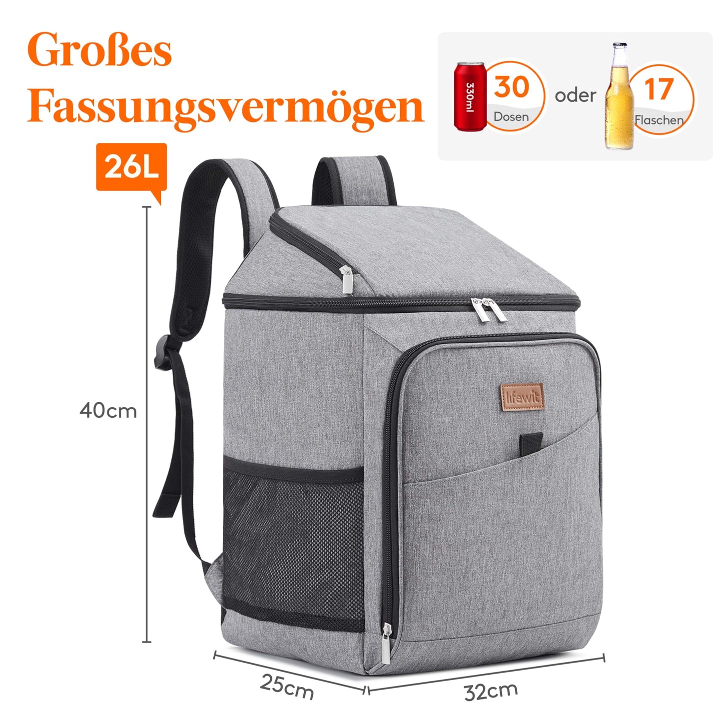 Lifewit 32L, 34 cans, insulated cooler bag, large cooler backpack, leakproof portable lunch bag, soft cooler for outdoor, picnic, beach, BBQ, camping, travel, family, gray.