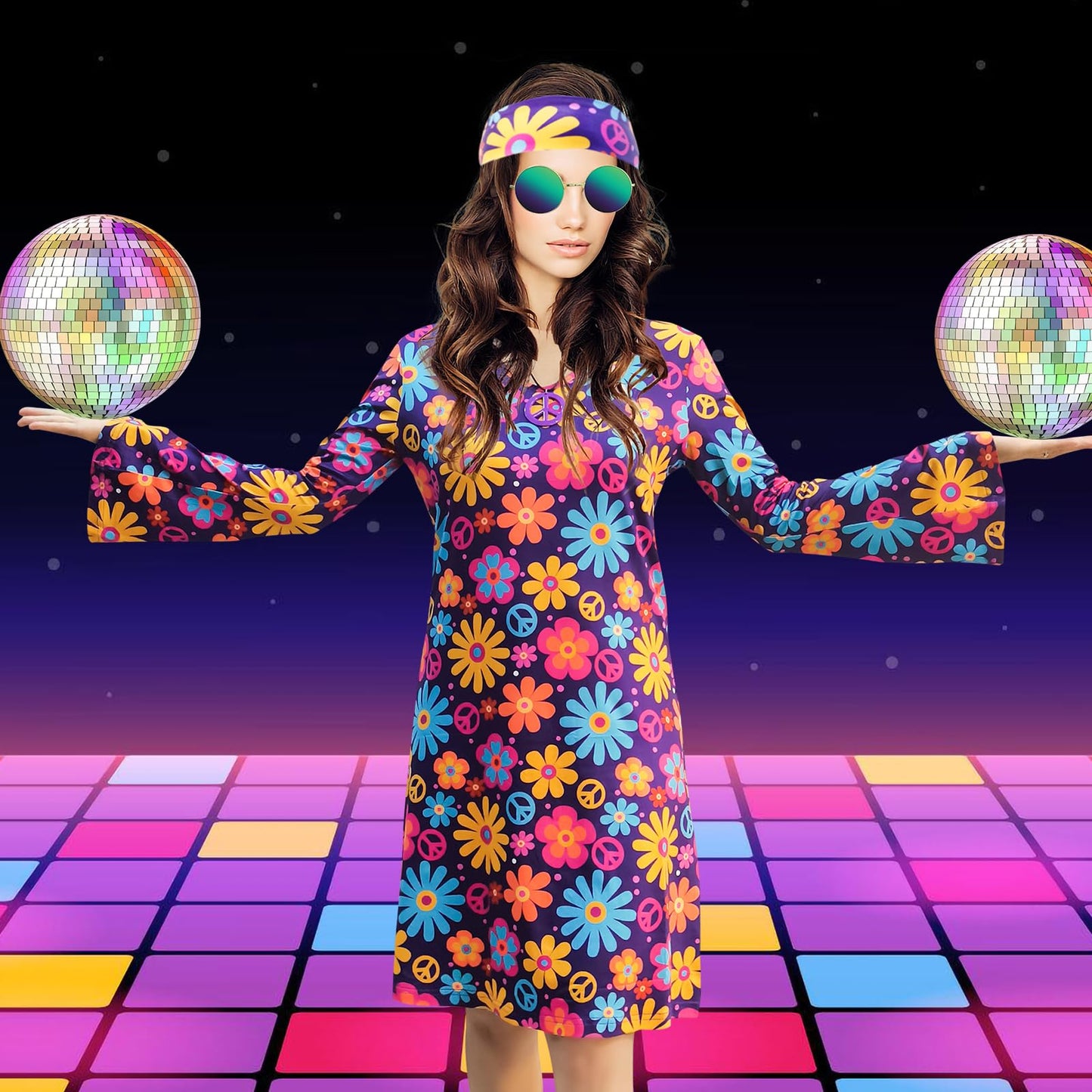 MRYUWB Women's Hippie Dress, 1970s Costume, with Necklace, Earrings, Sunglasses, Disco Outfit, 1960s Party Costume, Halloween Retro Dress, Purple, XXL.