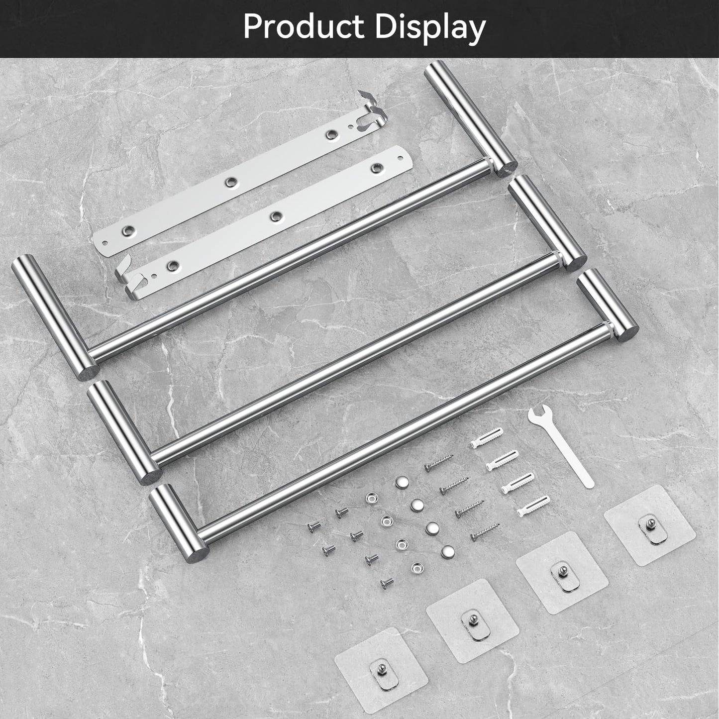 Towel rack Extendable 43-78CM without drilling Stainless steel double towel bar Bathroom Wall adhere bath towel holder wall mount (Silver 3-Bar)