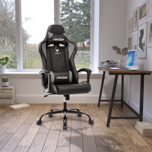 IWMH Gaming Chair, Ergonomic Computer Chair with High Backrest, Height Adjustable Swivel Chair, Racing Chair with Armrests, Adjustable Headrest and Lumbar Support (Gray)