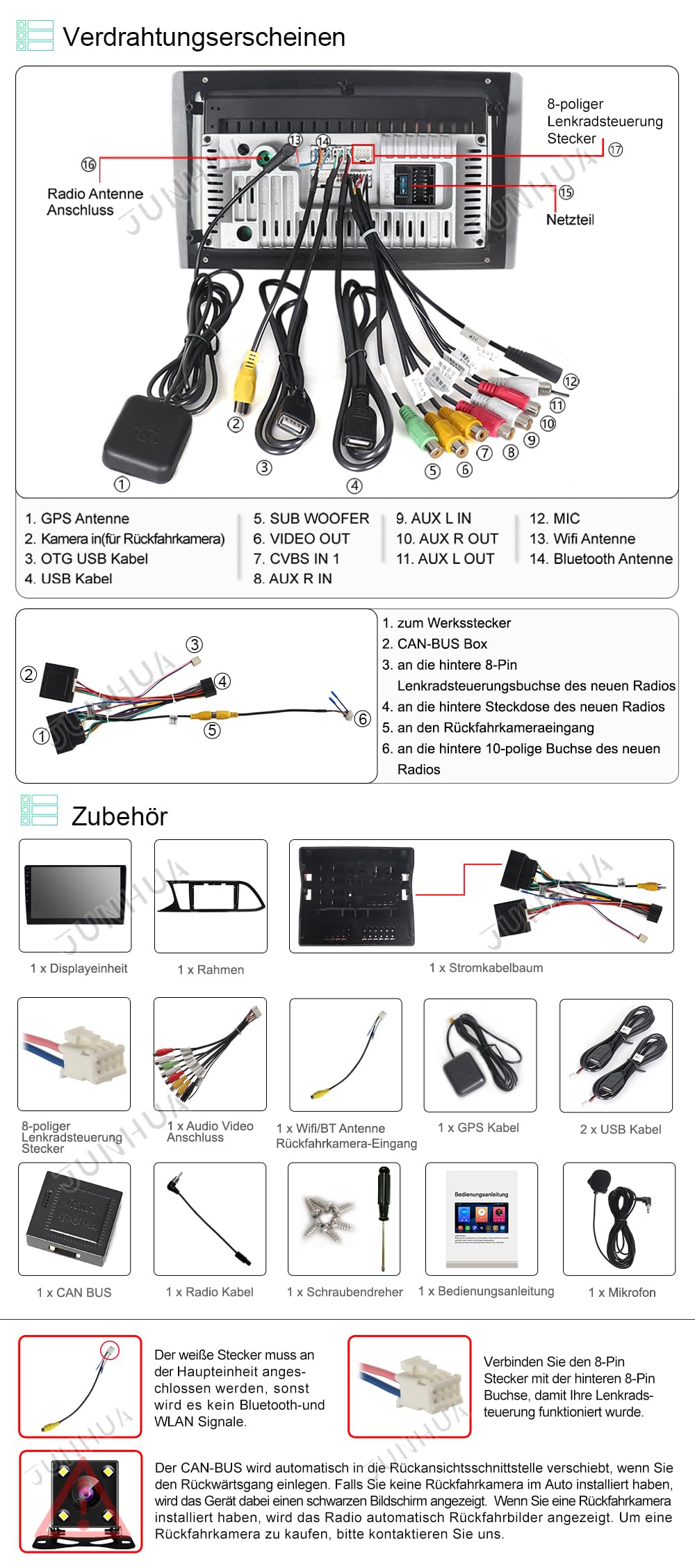 JUNHUA 9" Android 12 car radio with navigation 2G+32G replacement for SEAT Leon MK3 2013-2019, supports Wireless Carplay Android Auto, WiFi Bluetooth 5.1 GPS DSP steering wheel USB.