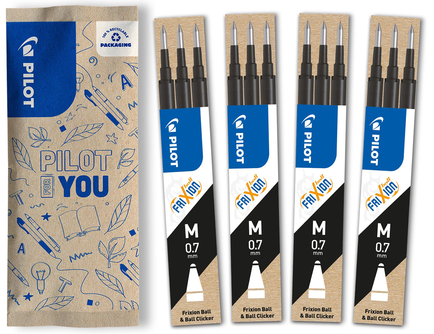 PILOT FriXion Refill 0.7 - 12 pack - Color Black - Refillable FriXion ink cartridges with erasable ink - Compatible with FriXion Ball & FriXion Clicker 0.7 - Medium point - Gel ink rollerball refills