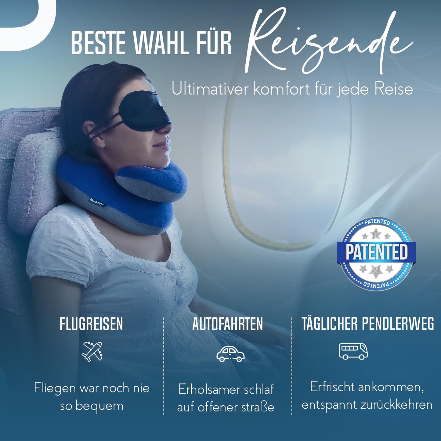 BCOZZY Neck Pillow for Airplane - Patented travel pillow with dual support for head, neck, and chin. Perfect for long flights and car rides. Adjustable. Washable. Includes carrying case. XL, Blue.