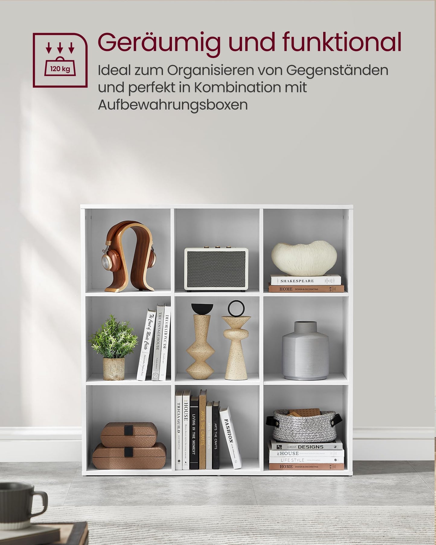 VASAGLE Bookcase, Bookshelf, with 9 Compartments, Office Shelf, Cube Shelf, Storage Shelf, for Living Room, Bedroom, Office, Kids' Room, White LBC177W01