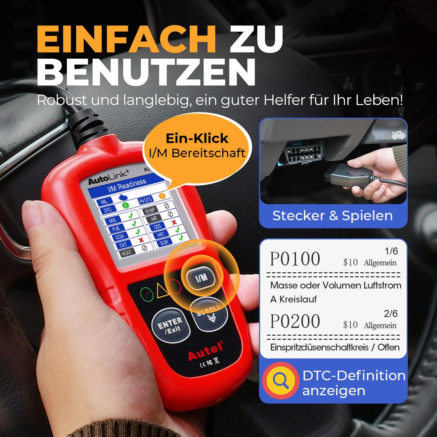 Autel AutoLink AL319 OBD2 diagnostic tool, one-click I/M readiness test, full OBD2 functions, car reader for all vehicles, German car diagnostic scanner, upgraded in 2024.