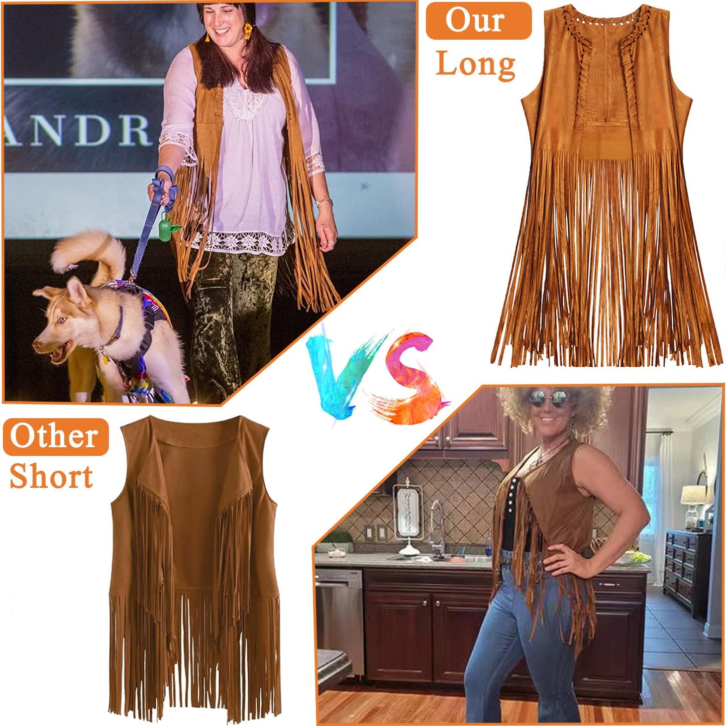 YADODO Hippie Costume Women Set Fringed Sleeveless Vest Hippie Clothing 60s 70s Vintage Outfit Girls Disco Costume Cowgirl Brown Vest Bolero Carnival Halloween Costumes Women M