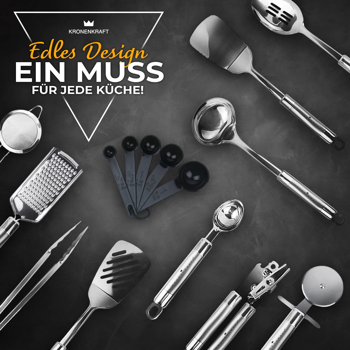 KRONENKRAFT® 26-piece kitchen set made of stainless steel. Includes kitchen utensils, accessories, cooking set, household helper set, spatula, whisk, and more. All made of stainless steel.