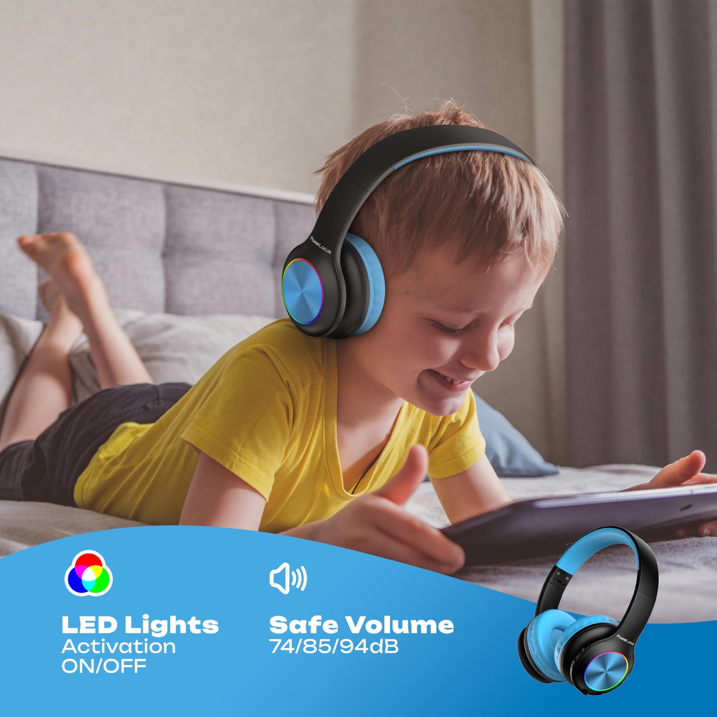 Kids Bluetooth headphones, PowerLocus kids wireless headphones with LED lights, 74/85/94dB volume limiter, foldable headset, HD stereo, micro SD, built-in microphone for school/laptop/phone/TV.