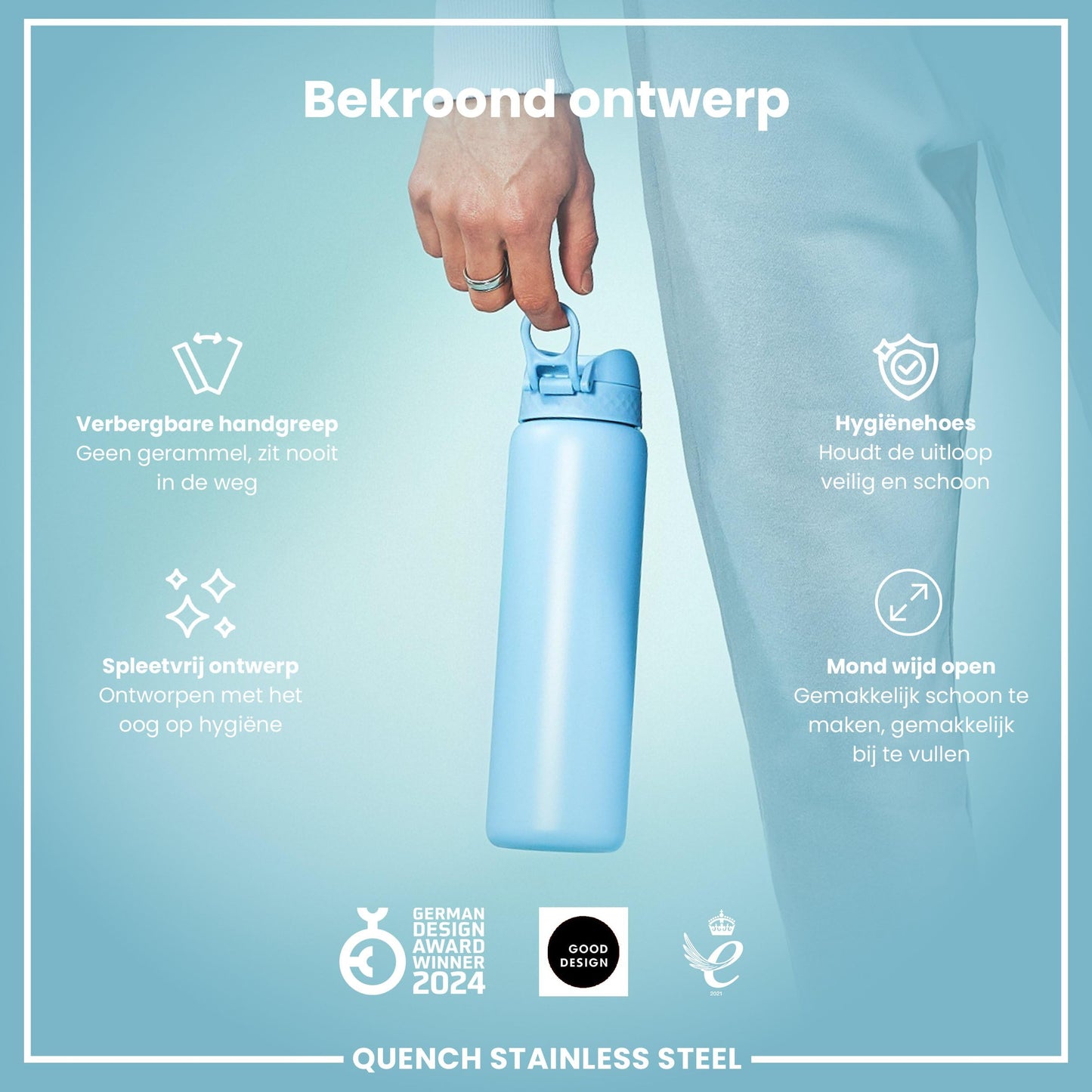 ION8 1 Liter Lightweight Stainless Steel Water Bottle, Non-Insulated, Leak-proof, One-handed opening, Secure locking, Dishwasher safe, Flip lid, Carry handle, Easy to clean, Alaskan Blue