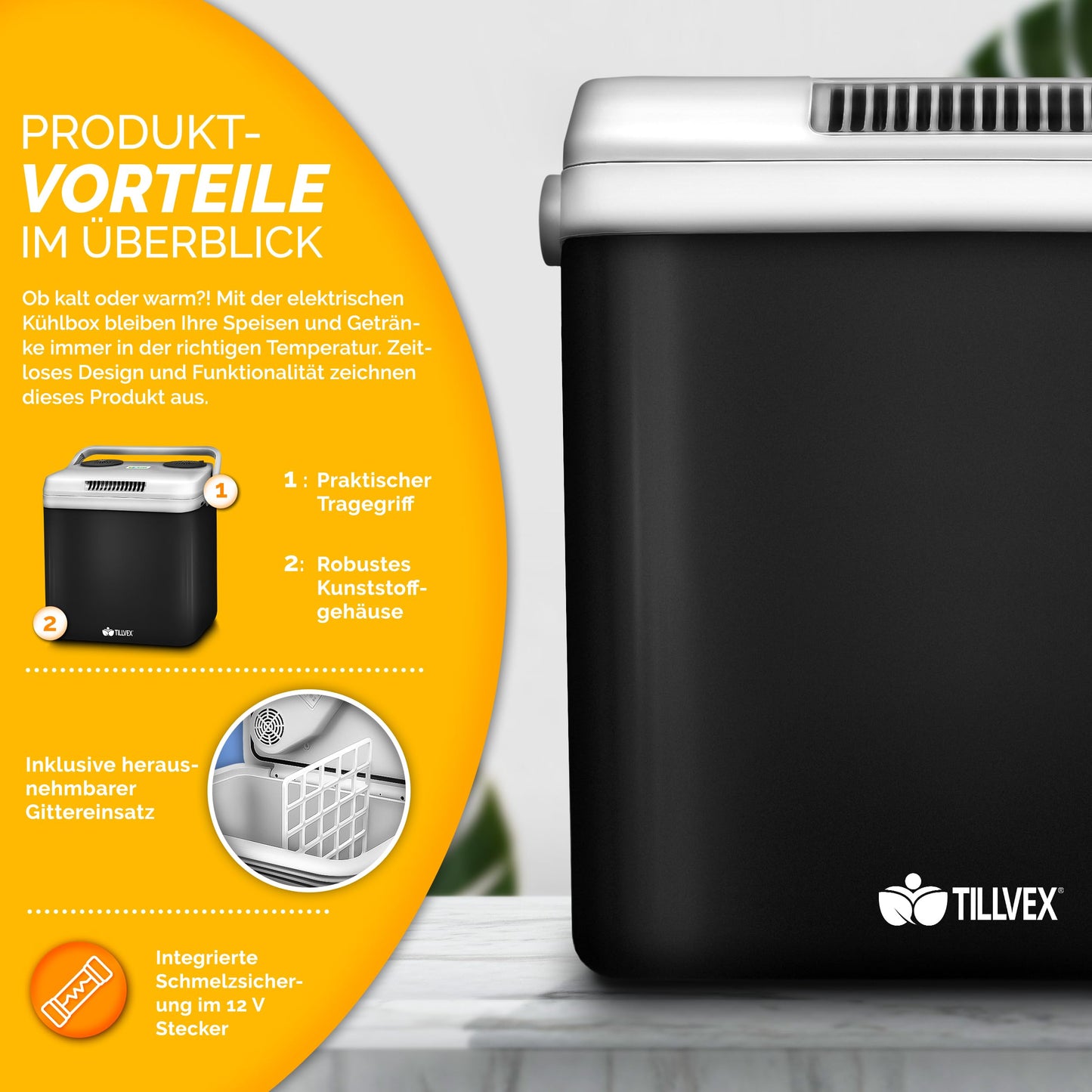 tillvex Electric Cooler 32L | Mini Fridge 230V and 12V for Car Camping | cools & heats | ECO mode (Charcoal)