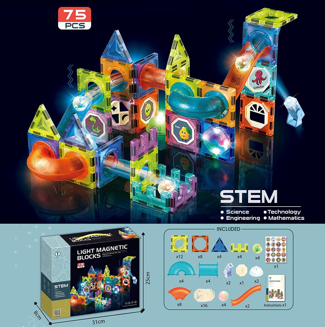 Morkka Magnetic Building Blocks, STEM Montessori Toys for Kids 3-8 Years 3D Learning Toy Set Construction Blocks Gift for Boys Girls Orbital Blocks Track Building (75PCS)