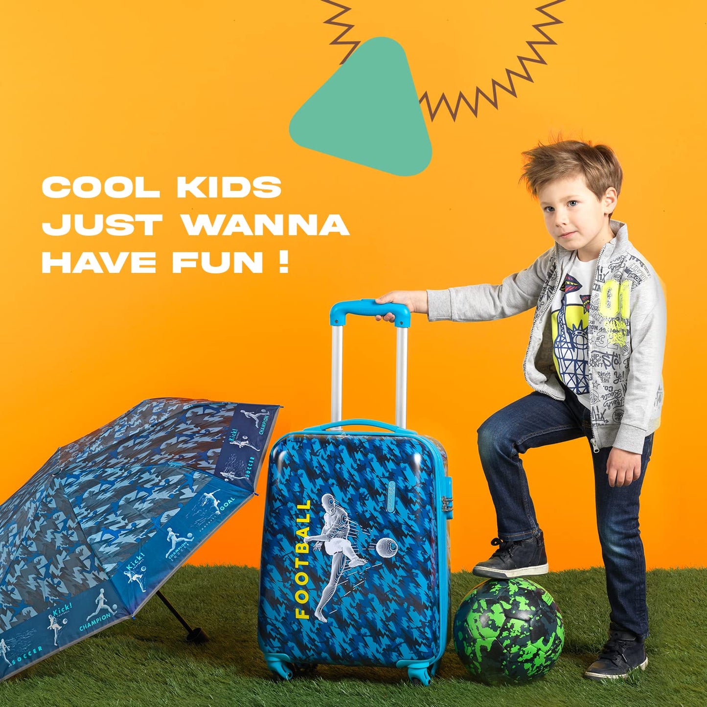PERLETTI Blue Kids Suitcase Soccer Player - Children's Trolley Hand Luggage Lightweight 4 Wheels and Combination Lock - Hard Shell Cabin Bag Cabin Trolley Boy - Suitcase Lufthansa Ryanair 51x35x20 cm (Soccer, XS)