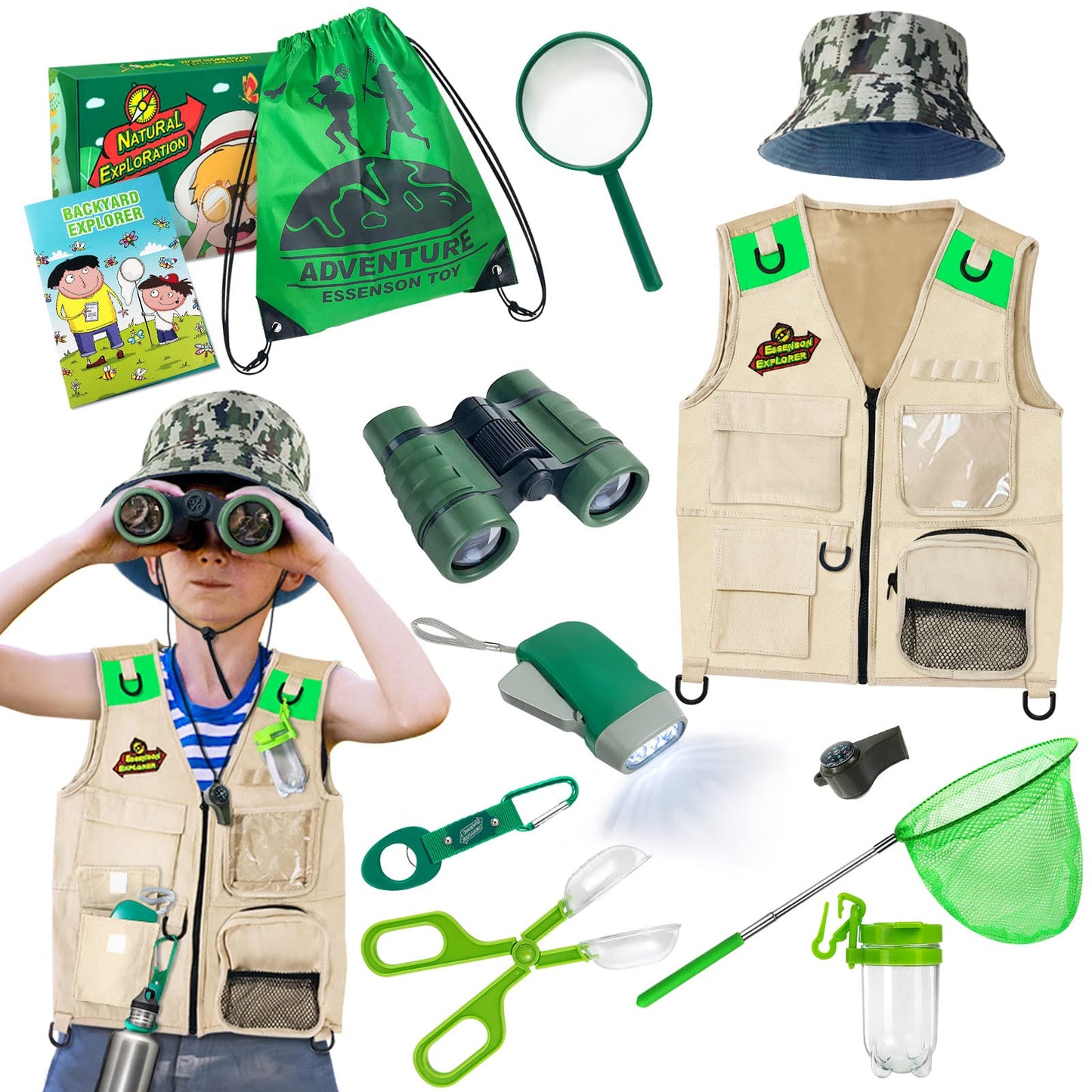 Outdoor Explorer & Bug Catcher Kit with kids vest, binoculars, magnifying glass, butterfly net, hat, and backpack, Adventurer Set gifts for 3-10 year old boys toy