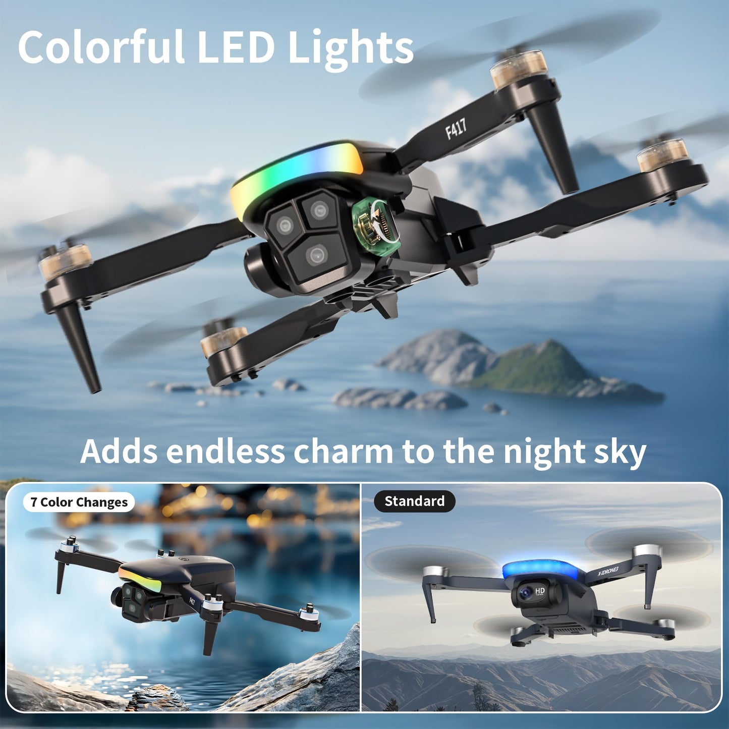 Drone with camera for kids & beginners, LED Strip 1080P HD dual camera, 90° adjustable, optical flow positioning, modular battery, app remote control, one-key takeoff/landing, for boys & girls, carrying case.