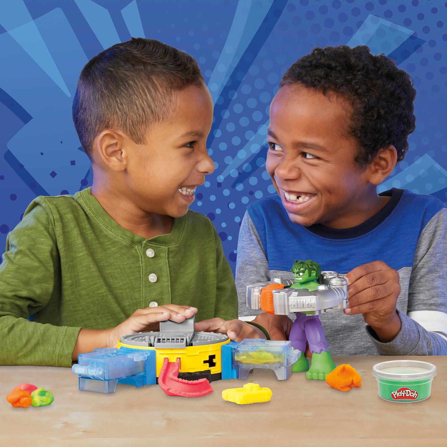 Play-Doh Marvel Hulk Smash & Squeeze Fun, action figure and 3 x 28g cans and 1 x 56g can, dough press and molds, creative fun for kids ages 3 and up.