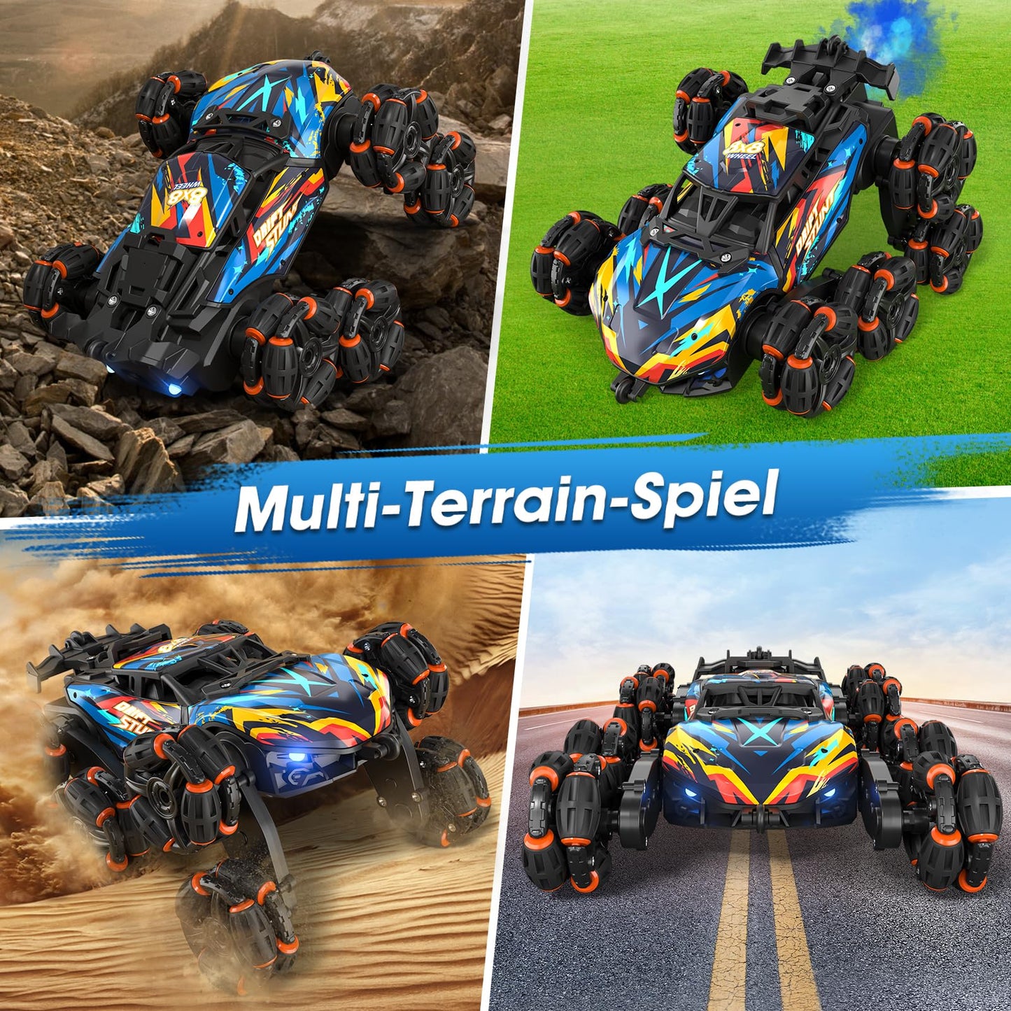 AYIQUTY Remote Control Car, Remote Control Car for 3 4 5 6 7 8 9 10 years old, 8WD Stunt and Hand Control, RC Drift with LED Light, Music, and Spray, RC Toy Gift for 3-12 years old boys