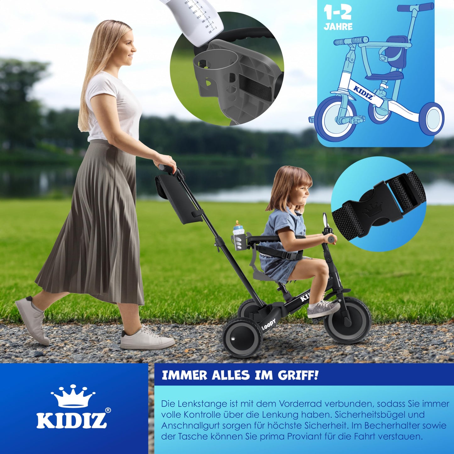 KIDIZยฎ 6in1 Balance Bike Trike | Kids' Ride-On Bike for Ages 1-5 | Supports up to 55lbs | Includes Handlebars, Safety Bar, Seatbelt, Bell & Mirror