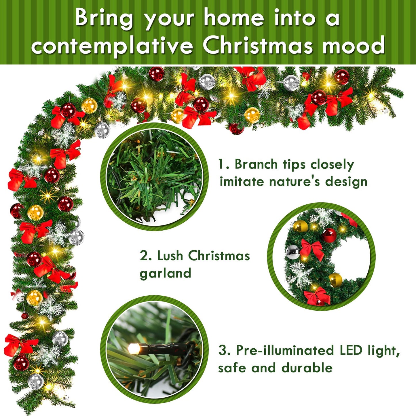 Cecaylie Pine Garland 5M, Christmas Garland green with 100 LED lights, Warm White, for indoor decoration fireplace staircase wall door outside, Artificial Pine Garland