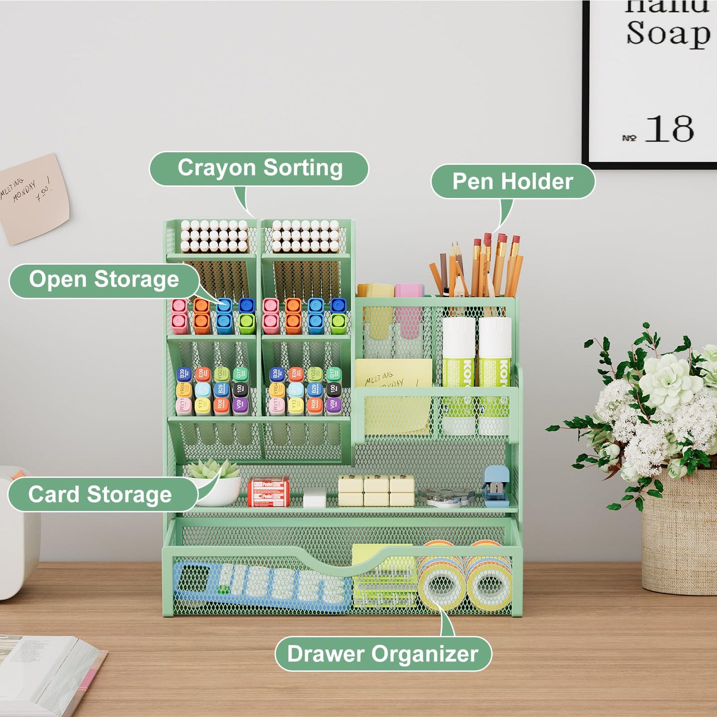 Marbrasse Mesh Desk Organizer, Multifunctional Pen Holder with Drawer, Storage Shelf for School Home Office Supplies (Green)