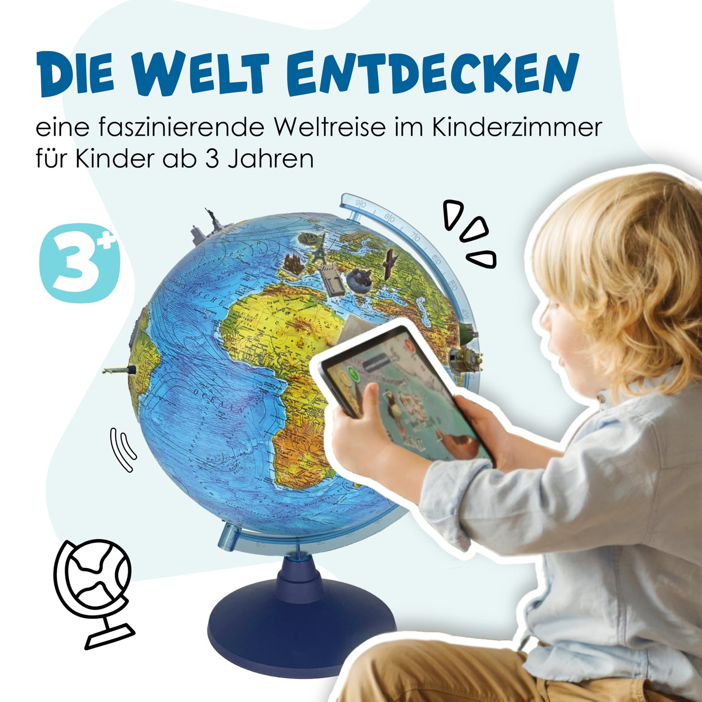 alldoro 68640 Interactive 3D Globe Ø 32 cm, children's globe with relief, German map image & zodiac signs, with app function, wireless & illuminated.