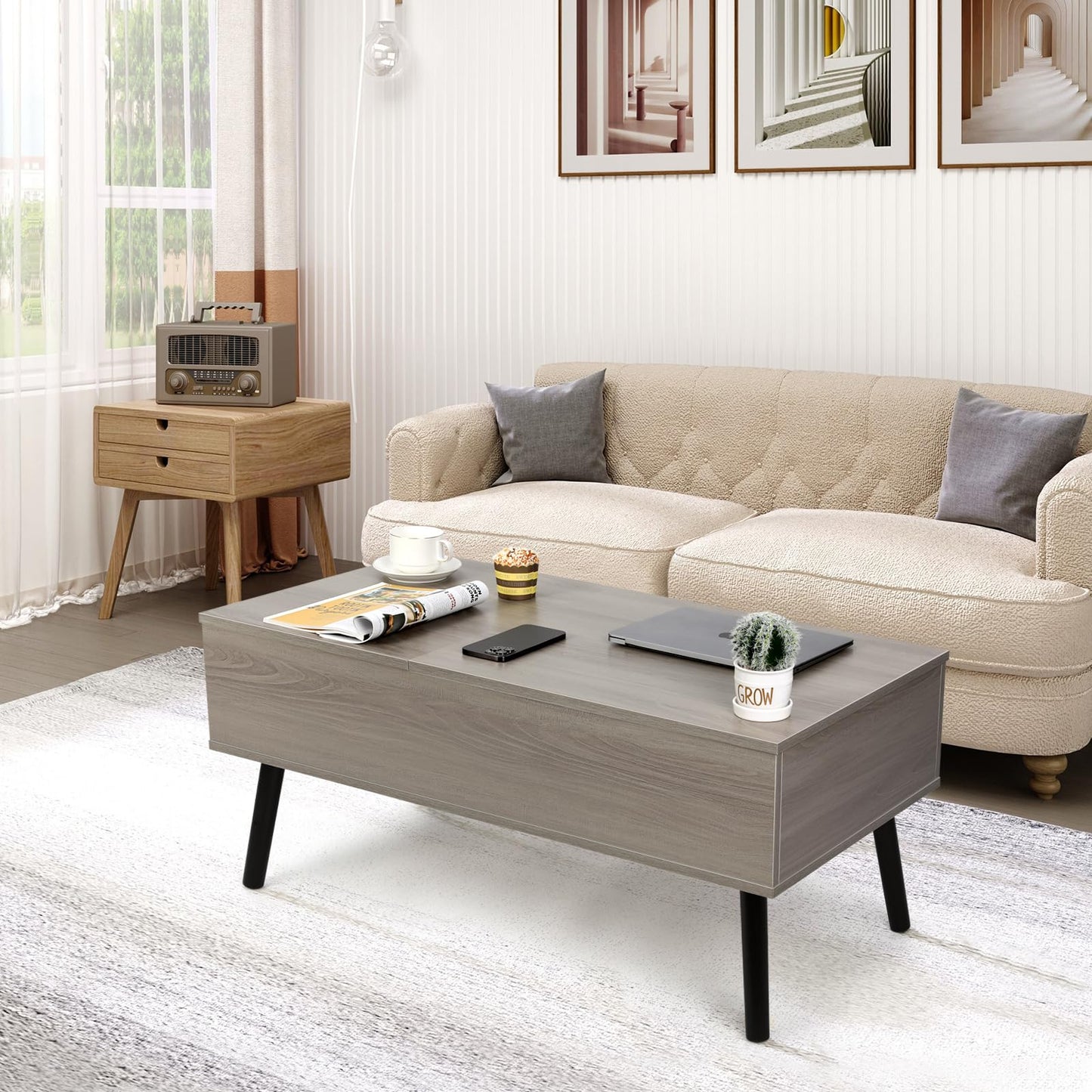 VOWNER coffee table, adjustable height, retractable, hidden storage compartment, double lift top, side table, light gray.