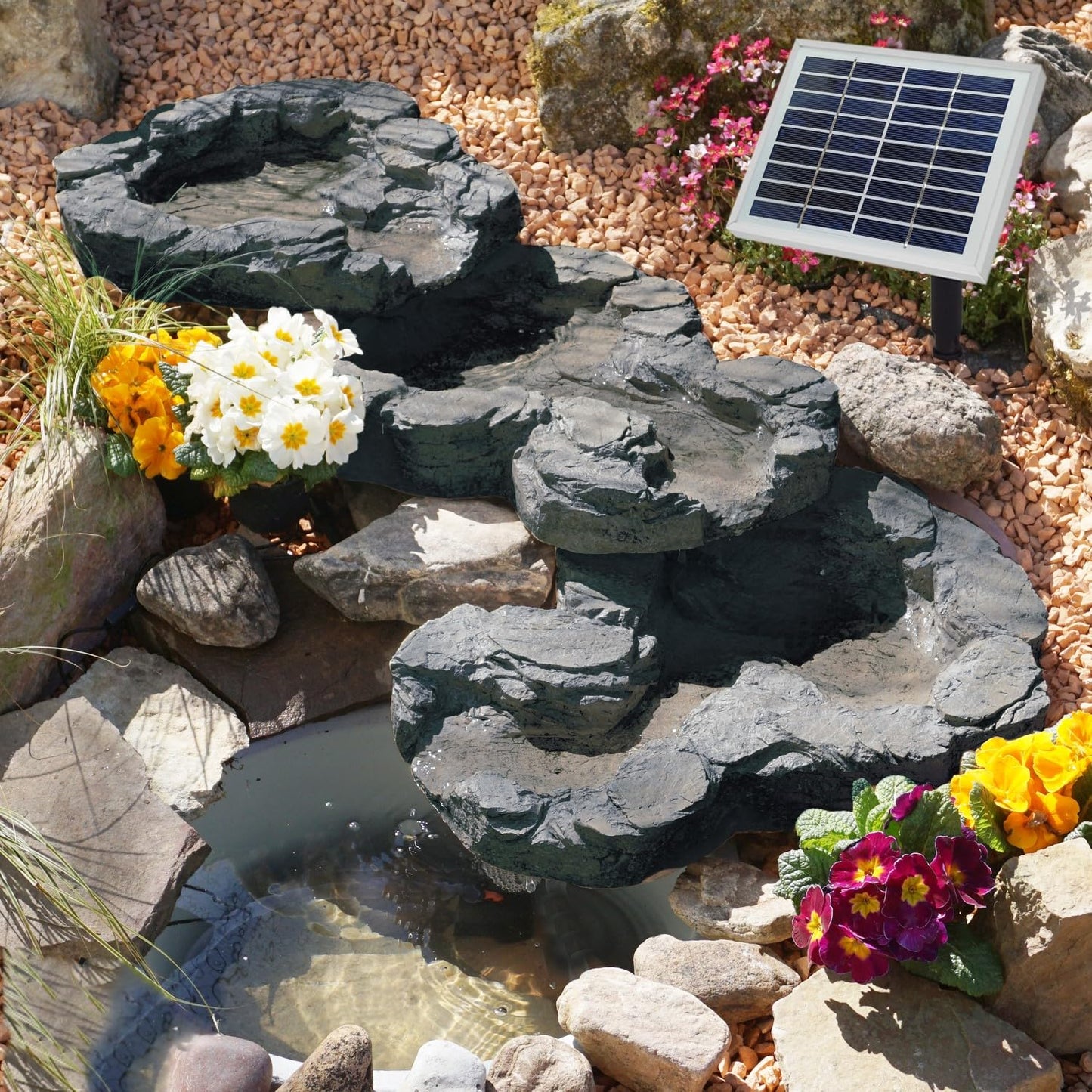 Solar garden fountain stream spring II with LED light/hybrid system, 230V decorative fountain bird bath waterfall garden light pond pump - fountain water feature for garden, pond, pond.