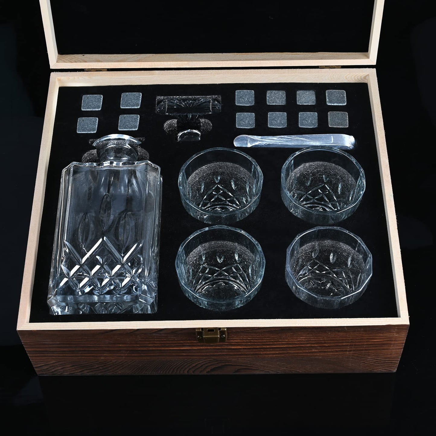 Cieex Whiskey Decanter Set, 750ml decanter with 4 x 220ml whiskey glasses, 12 stones, beautiful gift box. Father's Day gift for men. Transparent.